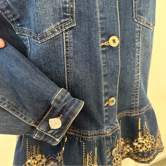 Marbella Lg Dark Blue Denim Jacket with Gold Embroidery and Sequin NWOT - Picture 3 of 14